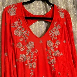 Free People Sweet Tennessee Red Tan Embroidered Long Sleeve Dress thumbnail 3