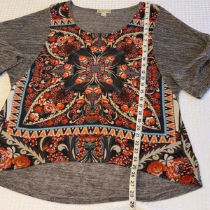 Live and Let Live Large Boho Gray Brown Rust Floral High Low Tunic Blouse thumbnail 9