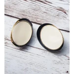 Vintage Clip On Earrings Cream & Black Oval 1 & 1/8" Statement thumbnail 2