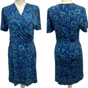 VTG 70s Bessi Firenze Blue Green Floral Silk Faux Wrap Surplice‎ Dress Mod Small thumbnail 2