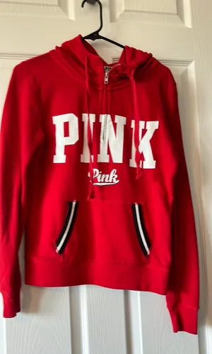 Pink Hooded Red Quarter Zip Pullover Size XS thumbnail 1