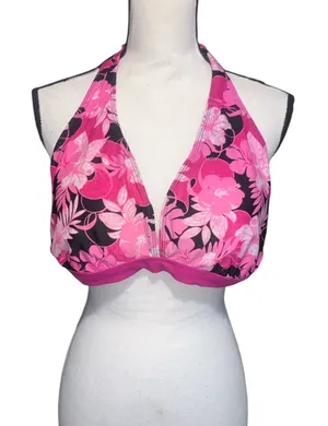 Pink Floral Halter Bikini Swimsuit Top Triangle XL thumbnail 1