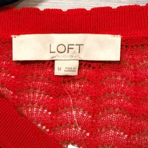 LOFT Red Pointelle Scalloped Button Front Cardigan Sweater Womens Medium thumbnail 4