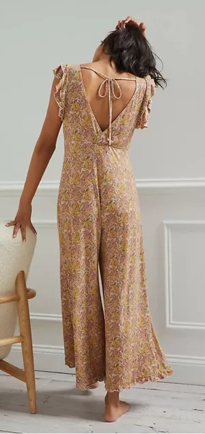 Anthropologie Matilda Ruffled Jumpsuit Size Medium Floral Jersey Bohemian thumbnail 1