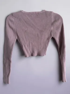 Love Tree Mauve Ribbed Long‎ Sleeve Button Up Henley Crop Top - Small thumbnail 2