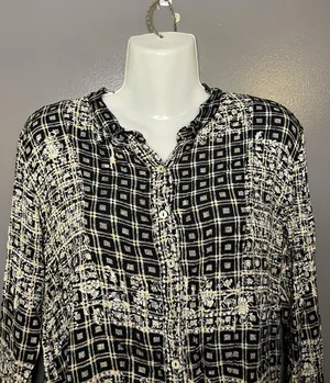 Free People Blouse Womens Medium Black Check Henley Button Boho Tunic Top thumbnail 1