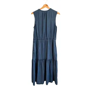 Lands End Womens Modest Tiered Denim Midi Dress Size M Western Cottage Coastal thumbnail 3