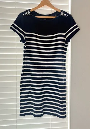 Ralph Lauren Crew Neck Tennis Dress Women’s Navy Blue White Striped Size L thumbnail 1