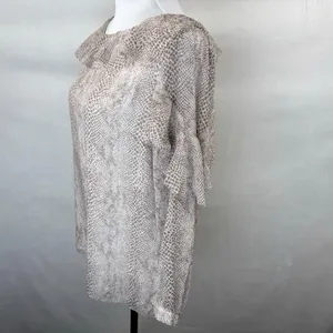 Banana Republic Women Sz S Tan Snake Skin Print Long Sleeve Ruffle Boat Neck thumbnail 3
