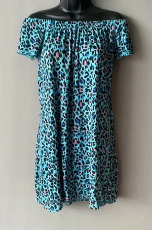 Vintage‎ Beach XS Teal Pink Leopard Off Shoulder Mini Dress Animal Print Summer thumbnail 1
