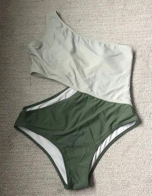 Women’s Two-Tone One-Shoulder Swimsuit in Sage Green and light green thumbnail 1