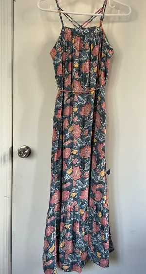 LOFT strappy floral sun dress | blue, pink, yellow thumbnail 1