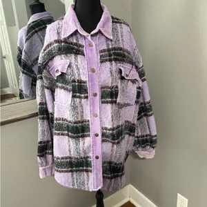 Pol x Anthropologie Purple Fuzzy Plaid Shacket Corduroy Trim Medium. thumbnail 3
