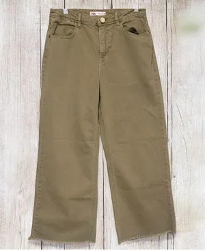 ZARA High-Waisted Wide-Leg Jeans – Olive Green with Raw Hem thumbnail 1