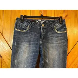 Rock 47 by Wrangler Low Rise Bootcut Dark Wash Jeans Distressed Size 32 READ (88 thumbnail 2
