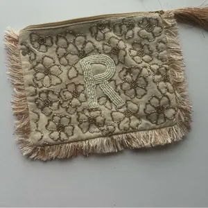 Elegant Floral Beige Clutch with Fringe Anthropologie thumbnail 3