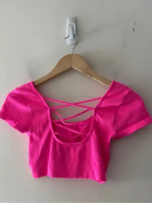 Aerie Real Good Hot Pink Ribbed Criss Cross Strappy Back Crop‎ Top thumbnail 4