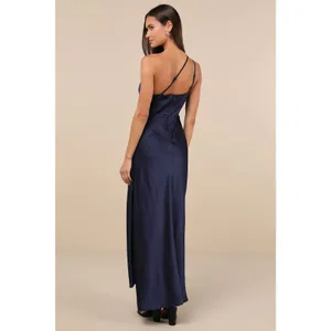 NWOT Lulus Signature Elegance Navy Satin One-Shoulder Maxi Dress Bridesmaid Sz L thumbnail 3