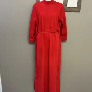 Vintage Vanity Fair Vibrant Red Full-Length Ribbed Wrap V-Neck Robe with Belt-Sm thumbnail 4