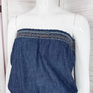 Poetry‎ Boho Smocked Strapless Wide Leg Chambray Jumpsuit Denim Blue Small thumbnail 5