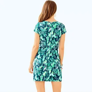 Lilly Pulitzer Navy Blue Green Floral Print Mini t shirt Dress thumbnail 2