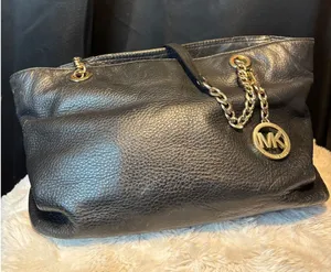 Michael Kors Black Pebbled Leather Chain Shoulder Bag Tote Gold Tone Hardware thumbnail 1