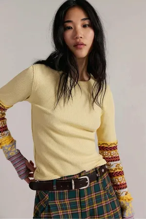 Free People All In Cuff Grunge 90s Thermal Sweater Crewneck Top Medium Yellow thumbnail 1