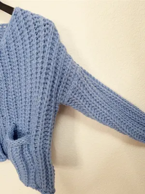 Miss Sparkling Blue Chunky Knit Cropped Cardigan Gold Button Pocket Sweater thumbnail 4