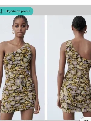 ZARA One-Shoulder Ruched Mini Dress in Yellow and Purple Floral thumbnail 3