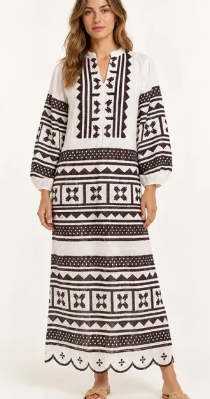 Julia Amory Brown & White Embroidered Scalloped Hem Maxi Caftan Dress XL NWT thumbnail 1