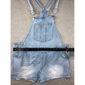 Denim Shorts Overalls Women M 10 Light Wash Distressed Raw Hem Shortalls Y2K 90s thumbnail 5
