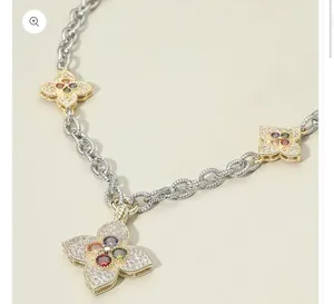 14K Gold Plated Stone Embellished Clover Pendant Station Necklace thumbnail 2