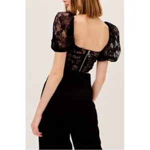 For Love & Lemons Rosalie Crop Top Black Floral Lace Puff Sleeve Bustier M NWOT thumbnail 2