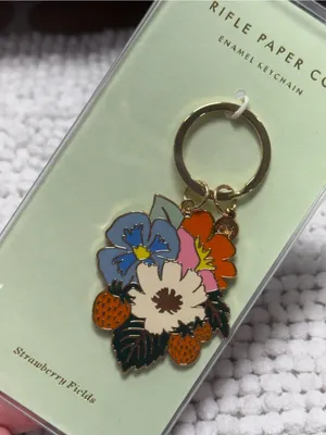 Rifle Paper Co Strawberry Fields Enamel Keychain Floral Strawberry Charm NWT thumbnail 4