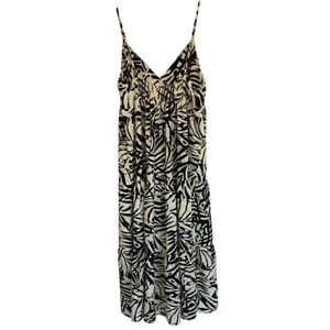 Patrons of‎ Peace Womens Black Cream Tropical Leaf Smocked Midi Dress Summer S thumbnail 5