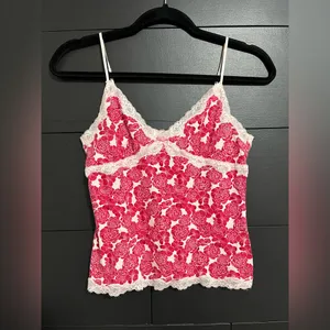Vintage Fairy Core Red Floral Lace Trim Women’s Tank Top Sz M EUC thumbnail 1