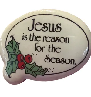 Vintage Jesus is Reason for Season Pin Brooch Ceramic Holly Christmas 1.25" thumbnail 1