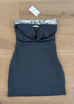 Beginning Boutique Mini Dress Theo Cowl Neck Sequin Trim Size US 2 in Gray thumbnail 1