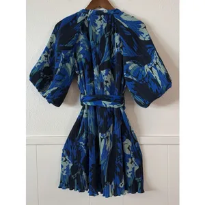 Ciebon XS Blue Pleated Floral Belted Mini Dress Balloon Sleeve Button Front thumbnail 4