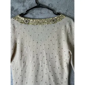 Vintage 100% Cashmere Sequin Beaded Embellished Sweater Medium Ivory Gold Y2K thumbnail 4