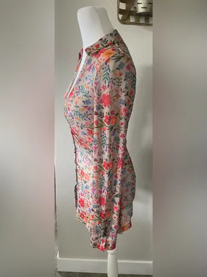 Natural Life Carina Mesh Top Floral Wildflower Ruched Button Down thumbnail 3