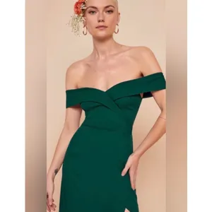 Reformation Emerald Green Reford Off The Shoulder Slit Maxi Dress Size 10 thumbnail 2