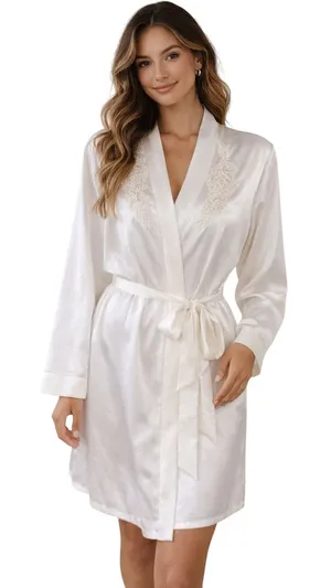 Linea Donatella Satin Robe Ivory Lace Trim Tie Waist S/M bride honeymoon thumbnail 1