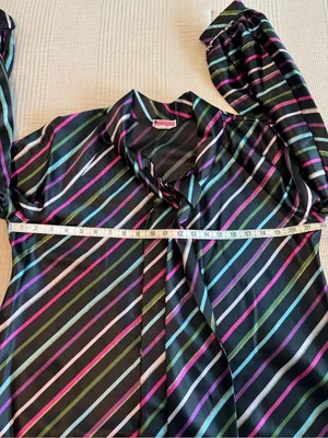 kate spade Black Satin Tie-Neck Blouse with Pink, Green, Blue and White Stripes thumbnail 14