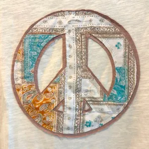 Haptics Peace Sign Graphic Tee Cream Brown Boho Patchwork Oversized Womens Large thumbnail 2