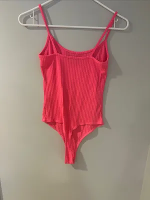 Missguided Ribbed Spaghetti-Strap Bodysuit in Hot Pink thumbnail 2