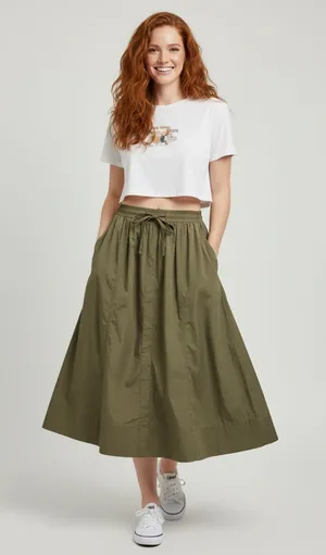 NWT Olive Cotton A-Line Midi Skirt thumbnail 1