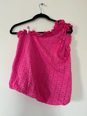 Entro Hot Pink One Shoulder Eyelet Top Small Ruffle Trim Feminine 100% Cotton Summer thumbnail 5