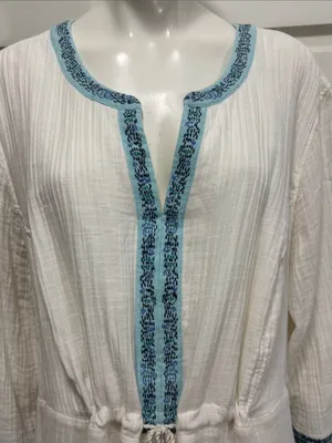 J Jill Gauzy Lined Ivory Dress XL Boho Drawstring Waist Blue Trim Pockets thumbnail 4