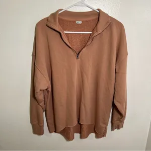 Aerie Women's Size XS Sunday Soft Quarter Zip Sweatshirt Tan Brown High Low Hem thumbnail 3